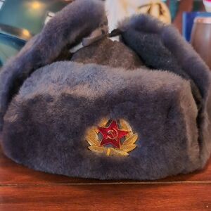 Gray Fur Hat with Red Star Emblem